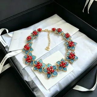 Chanel Floral Enamel Red and Blue Gold-Tone Necklace