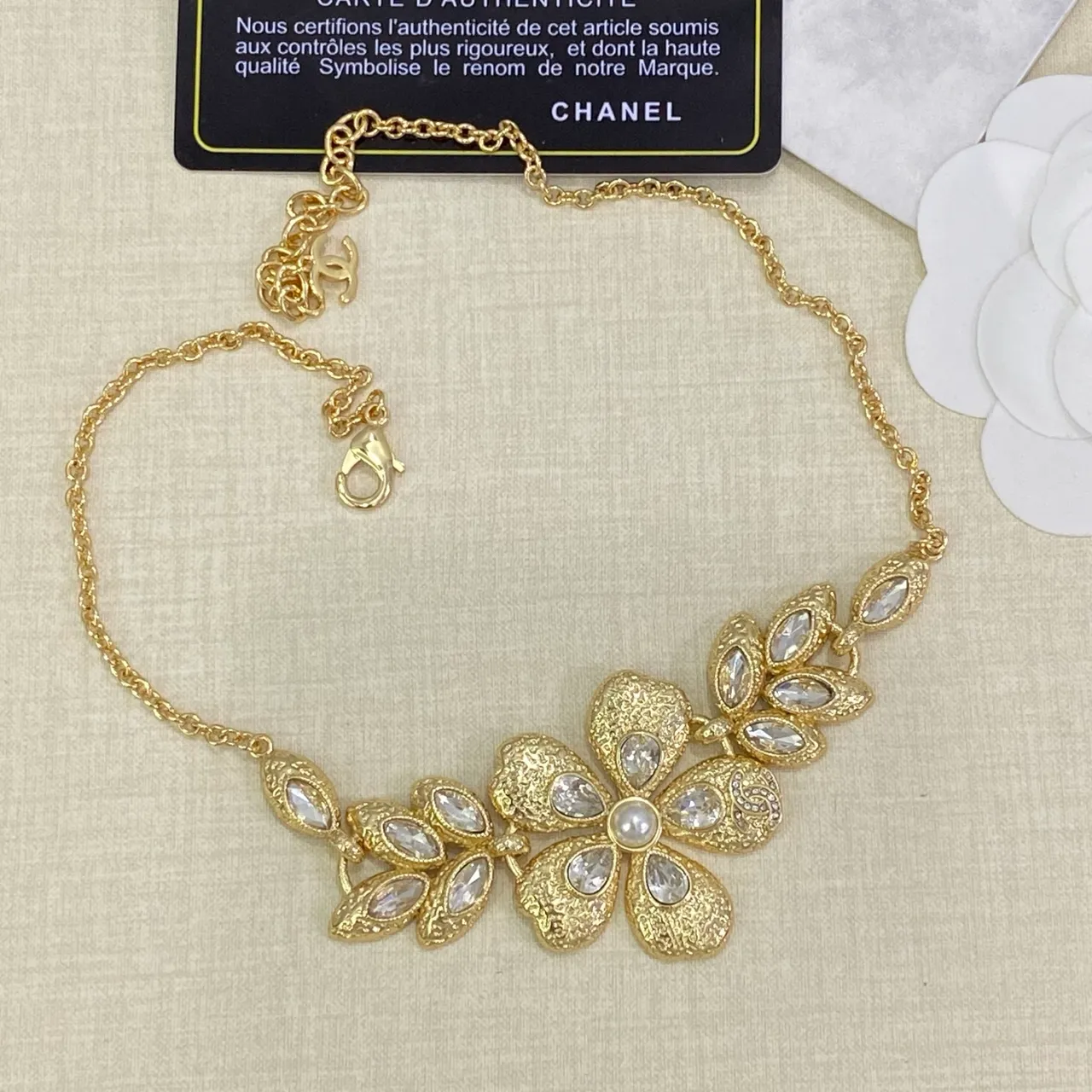Chanel Floral Motif Gold White Metal Necklace 4