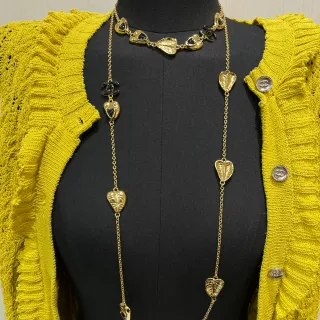 Chanel Gold Black Chain Leaf-Shaped Pendants Necklace