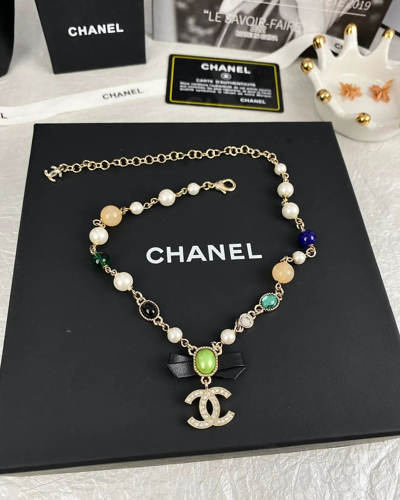 Chanel Gold Multicolor Chain Gemstone Beads Necklace 1