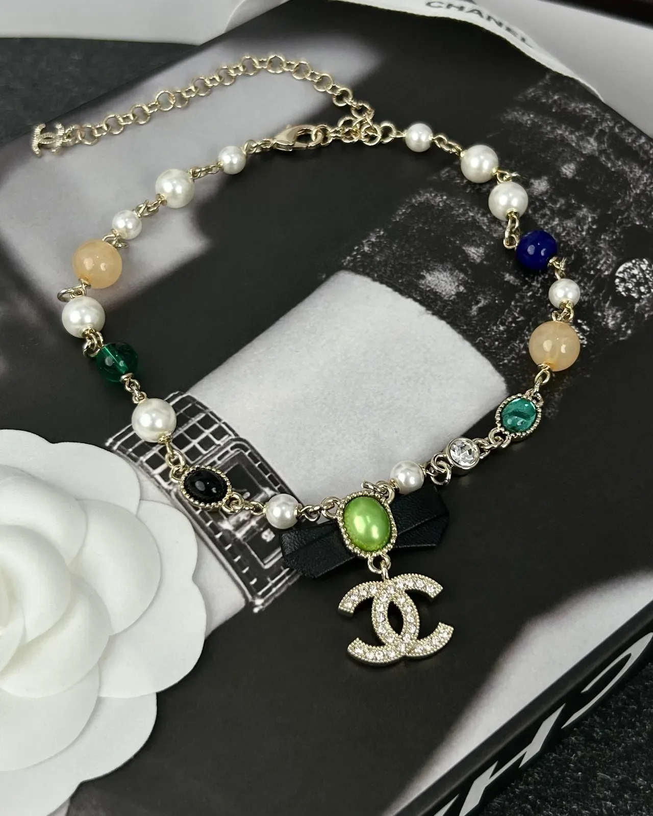 Chanel Gold Multicolor Chain Gemstone Beads Necklace 8