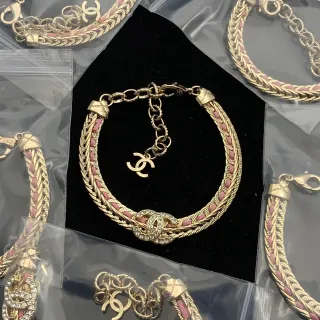 Chanel Gold Pink Braided Chain Leather Inlay Bracelet