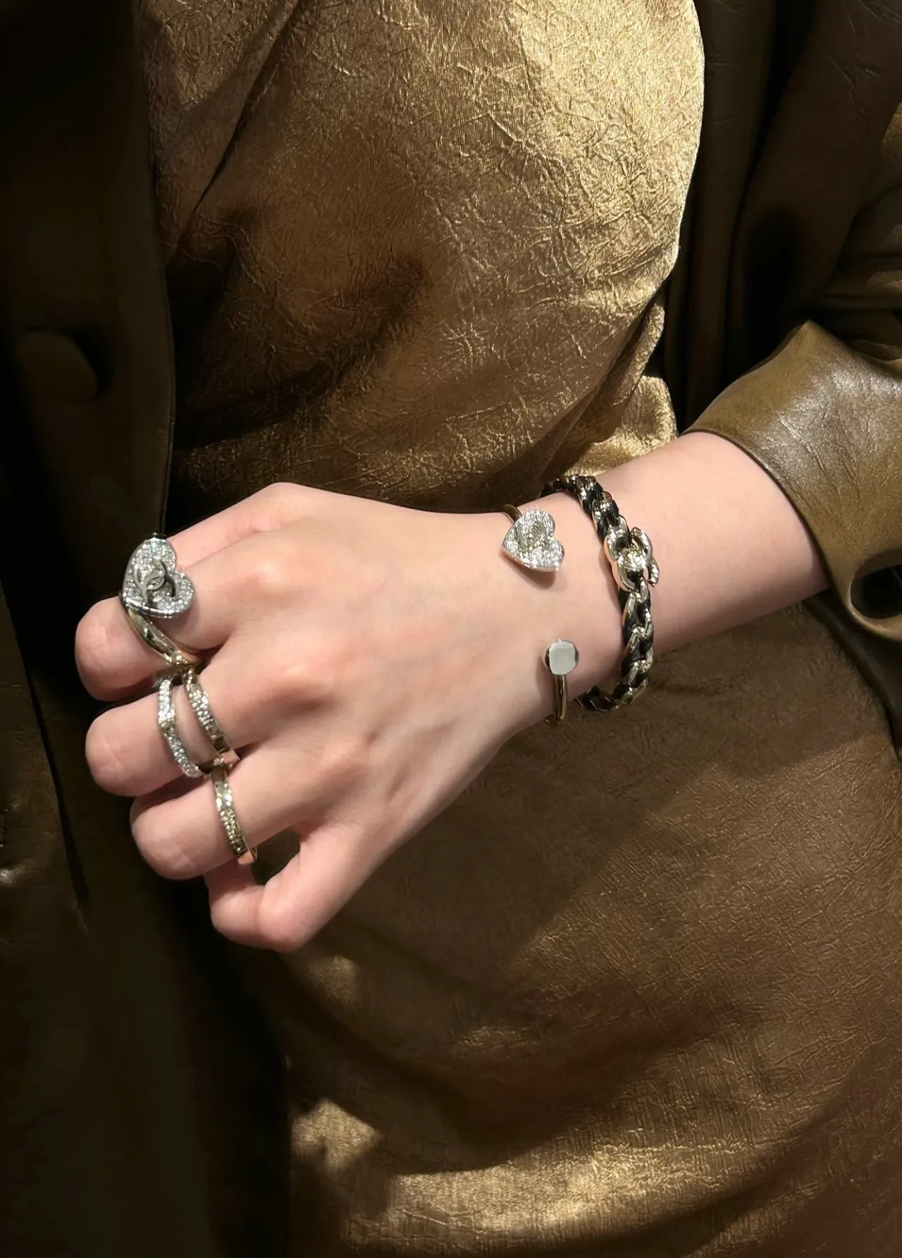 Chanel Gold Silver Open Bangle Pavé Crystal Heart Charm Bracelet 2