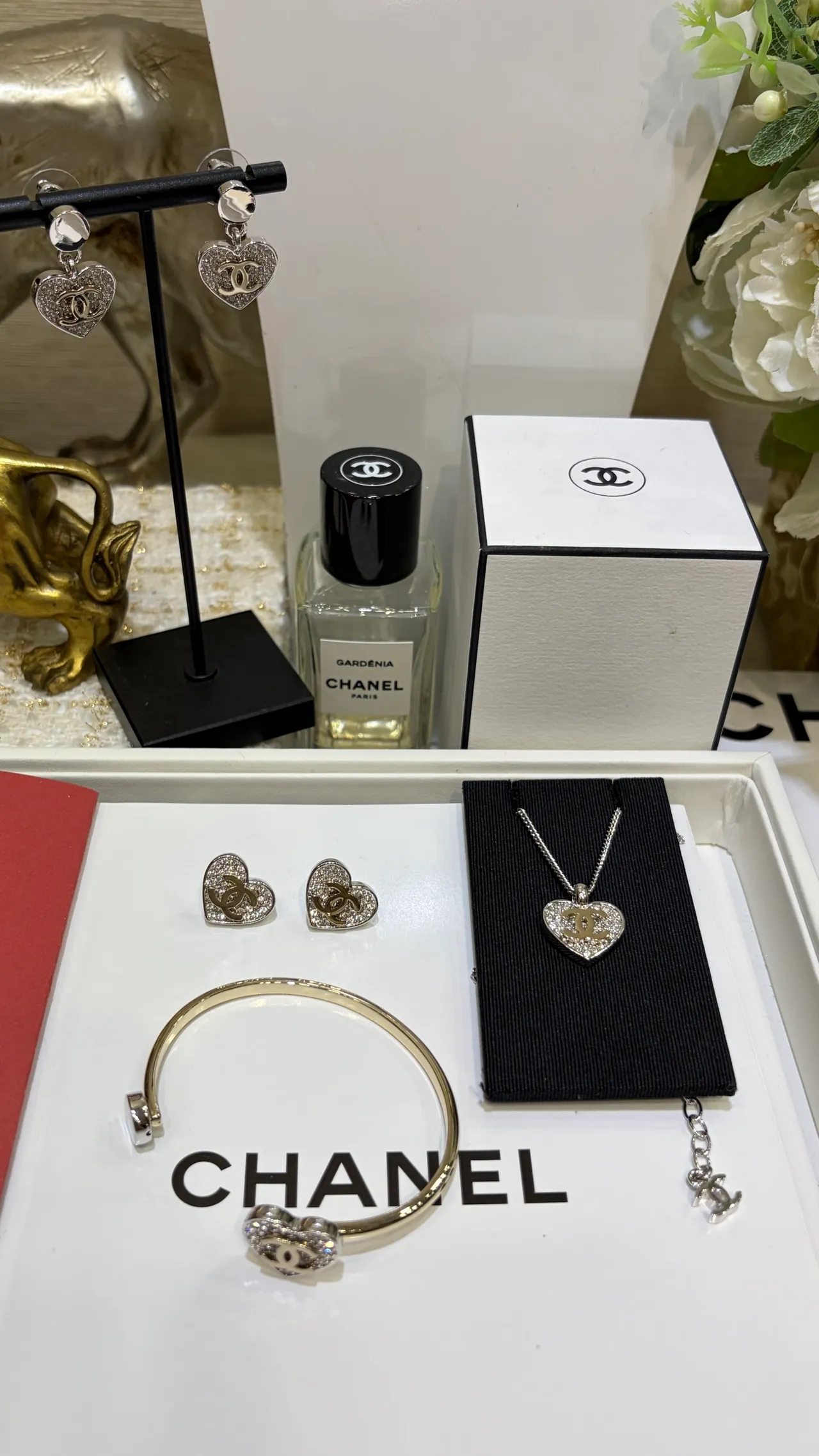 Chanel Gold Silver Open Bangle Pavé Crystal Heart Charm Bracelet 3