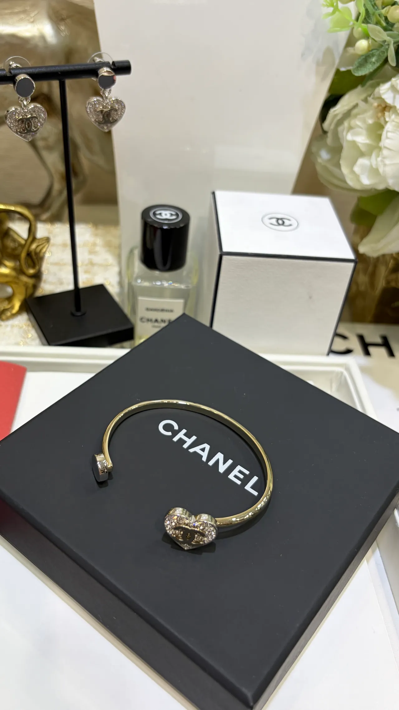 Chanel Gold Silver Open Bangle Pavé Crystal Heart Charm Bracelet 4