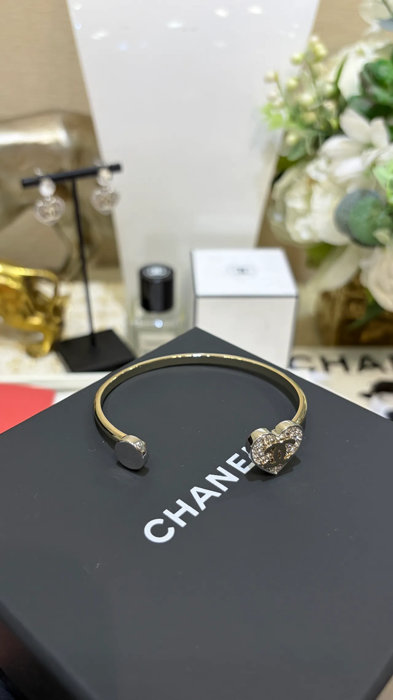 Chanel Gold Silver Open Bangle Pavé Crystal Heart Charm Bracelet 5
