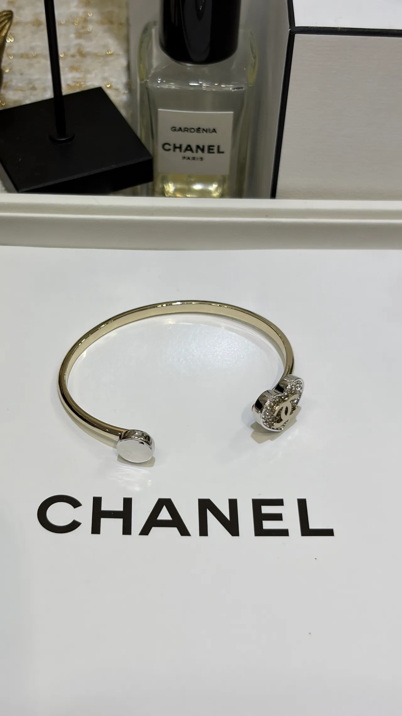 Chanel Gold Silver Open Bangle Pavé Crystal Heart Charm Bracelet 6