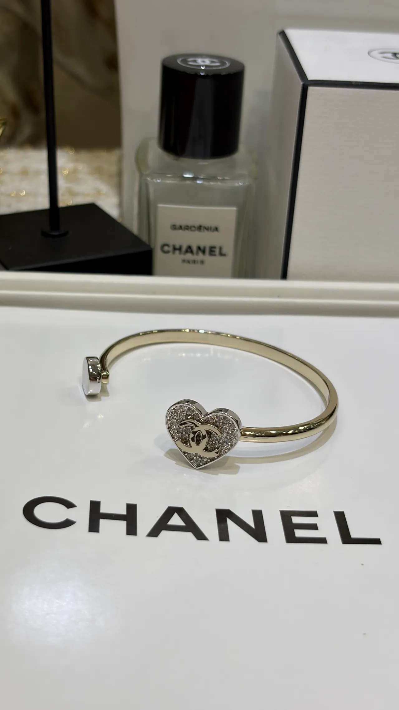 Chanel Gold Silver Open Bangle Pavé Crystal Heart Charm Bracelet 7