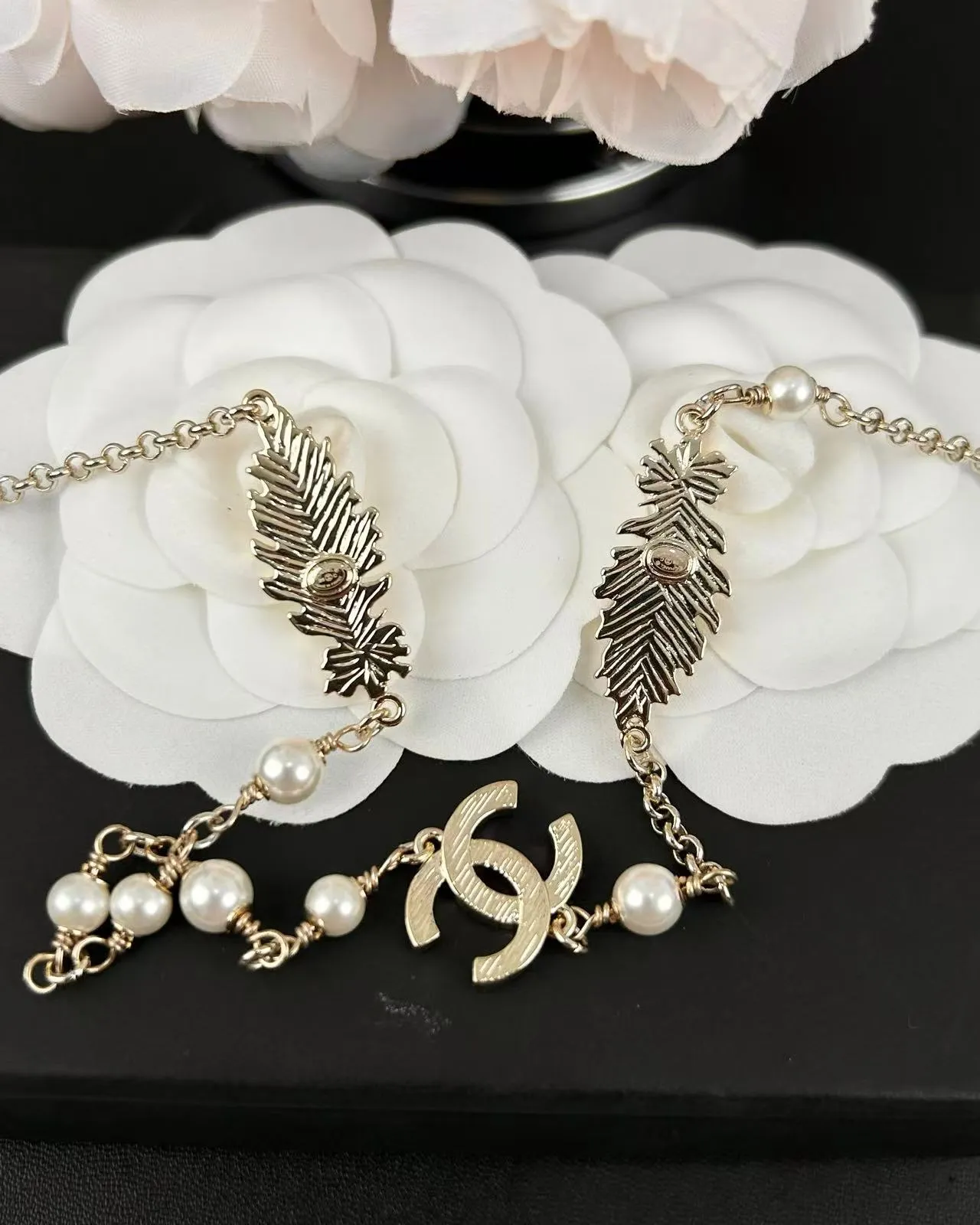 Chanel Gold-Tone Leaf Motif Pearl Drop Earrings 2
