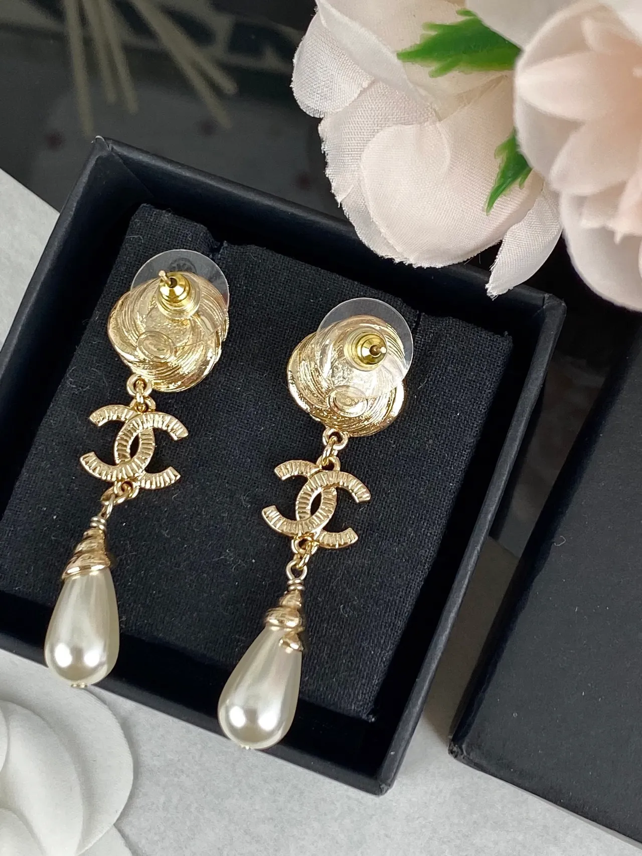 Chanel Gold-Tone Swirl-Top CC Logo Pearl Drop Earrings 3