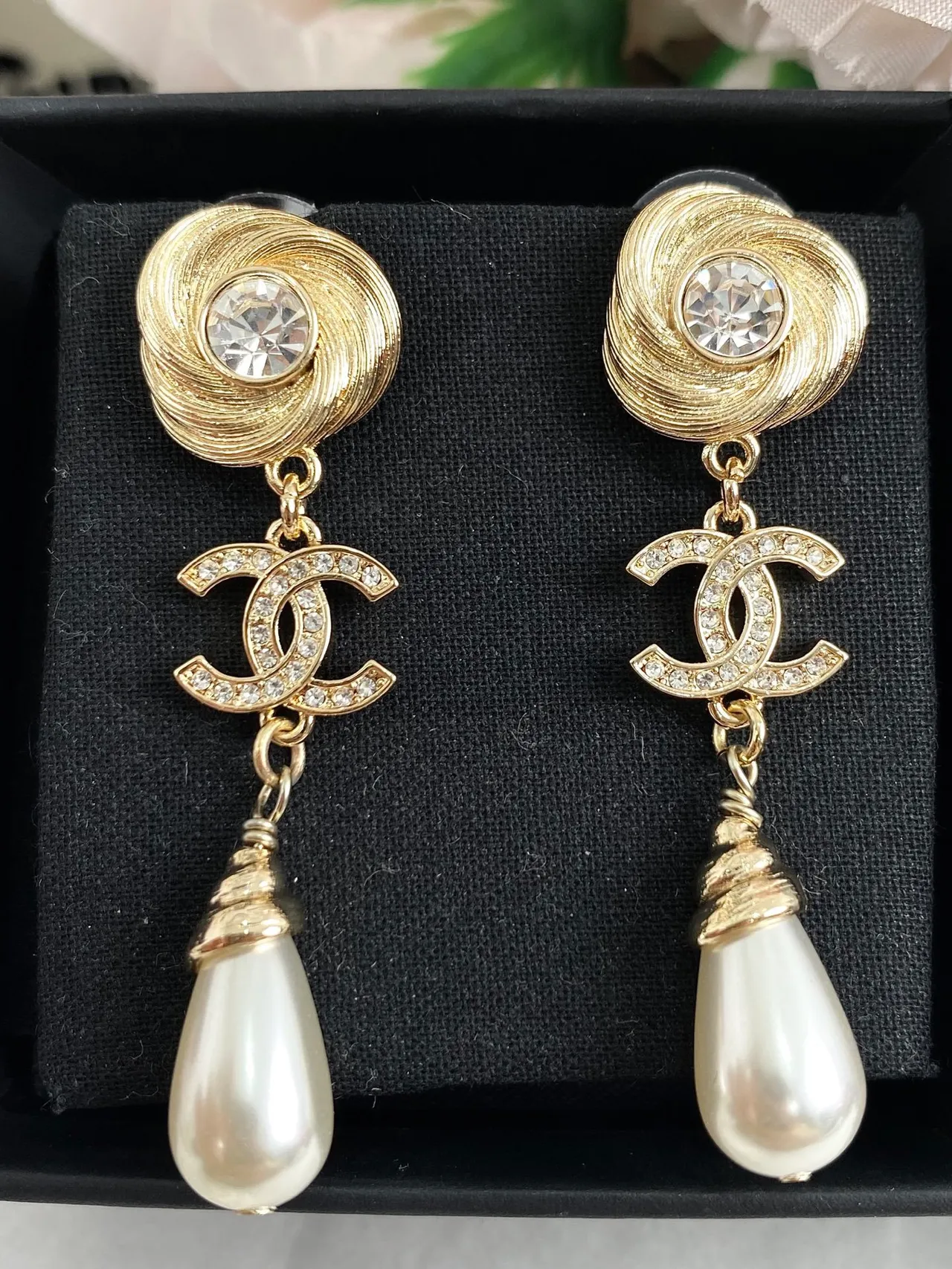 Chanel Gold-Tone Swirl-Top CC Logo Pearl Drop Earrings 4