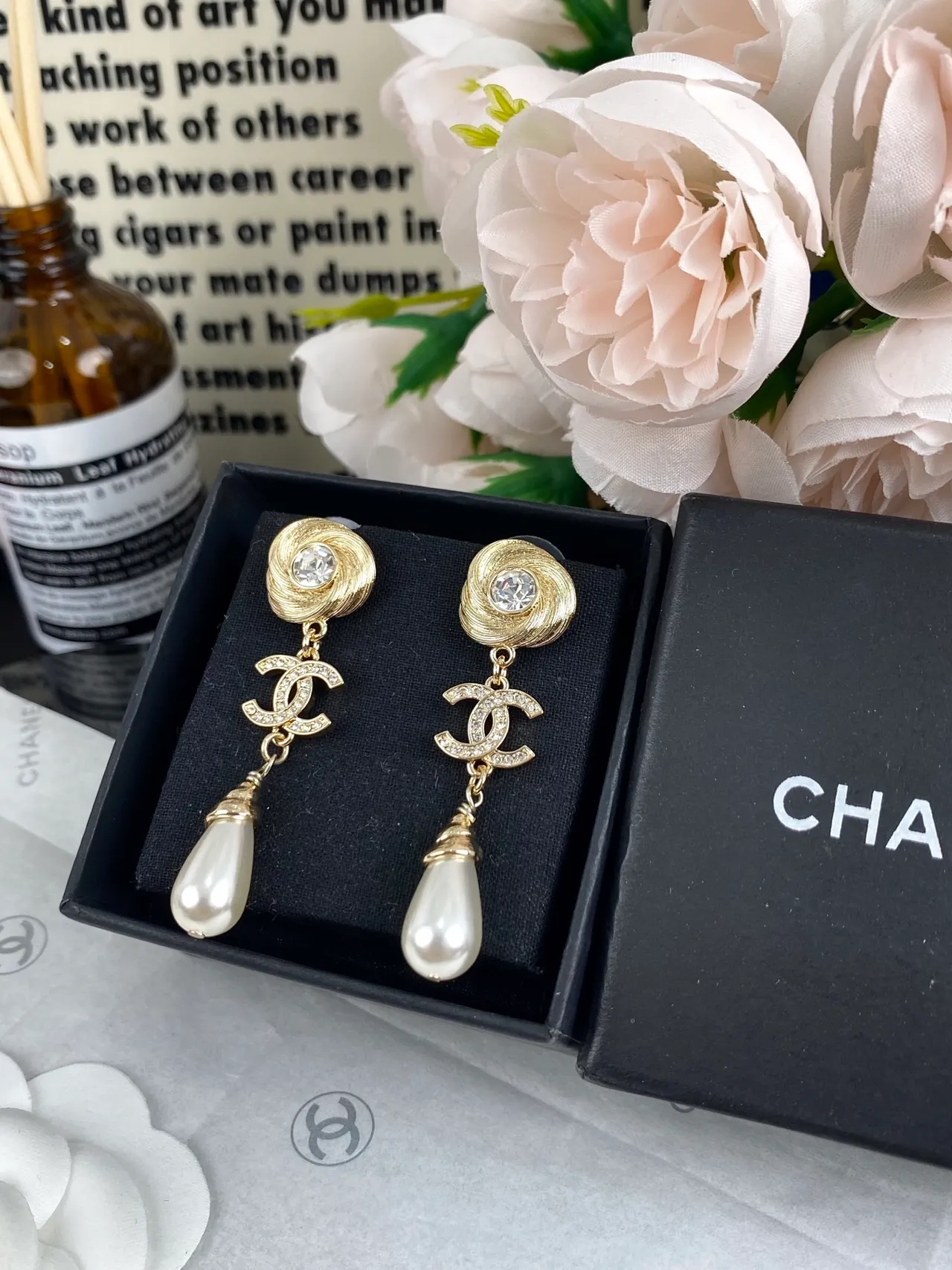 Chanel Gold-Tone Swirl-Top CC Logo Pearl Drop Earrings 5