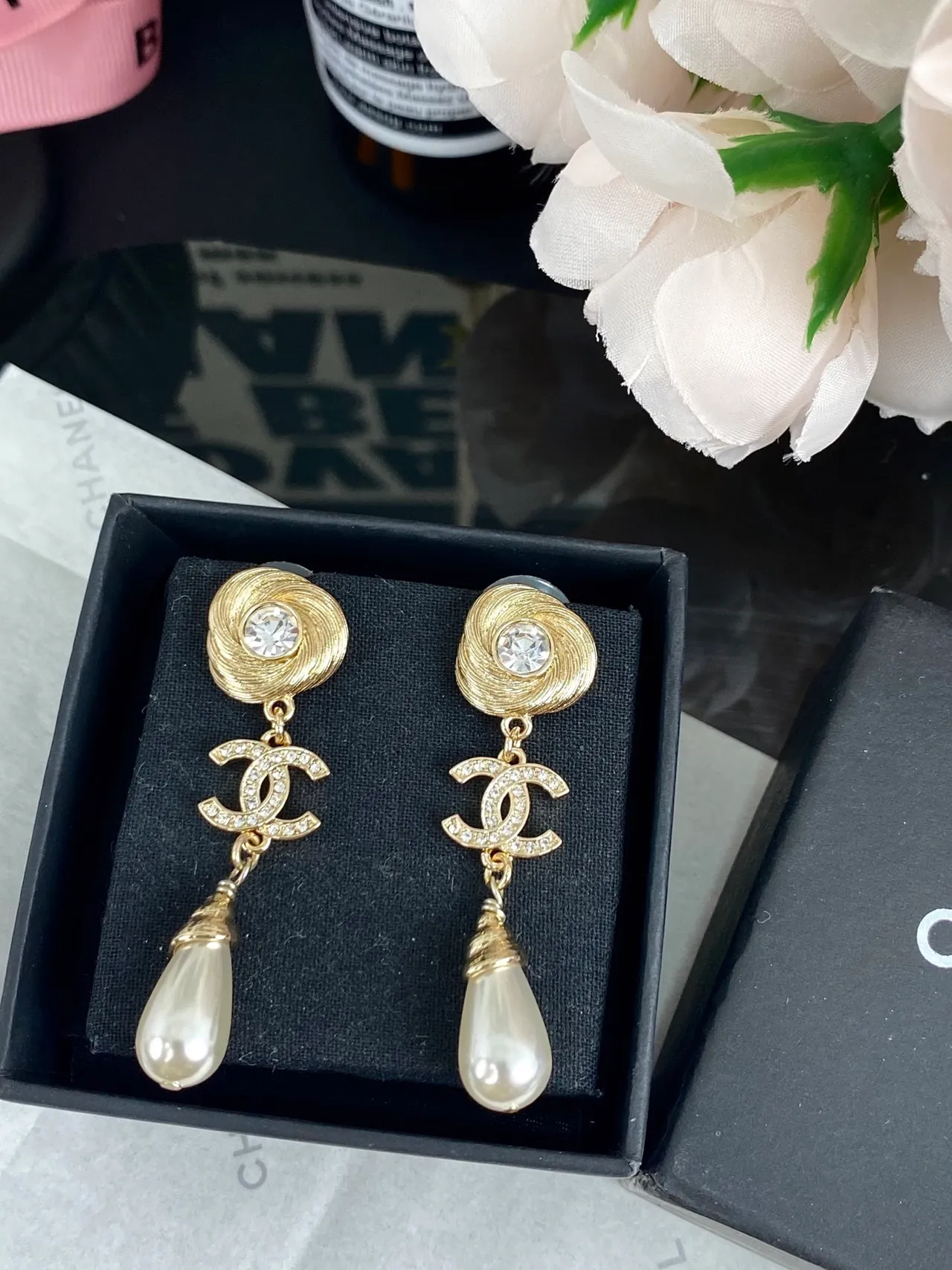 Chanel Gold-Tone Swirl-Top CC Logo Pearl Drop Earrings 6