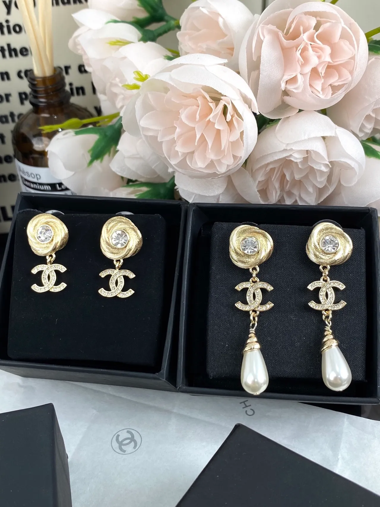 Chanel Gold-Tone Swirl-Top CC Logo Pearl Drop Earrings 8
