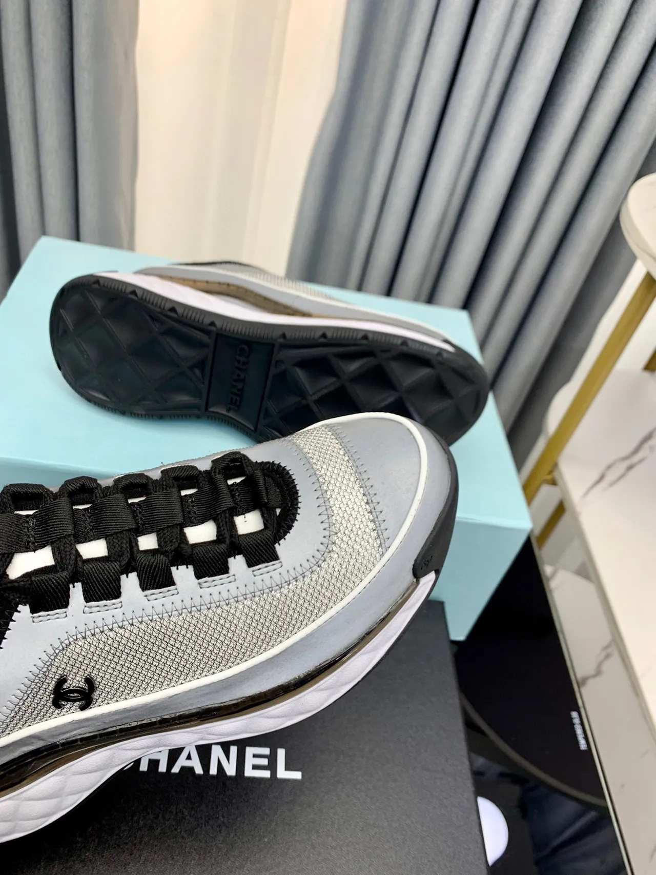 Chanel Gray Black Mesh Upper Quilted Midsole Chunky Sneakers 2