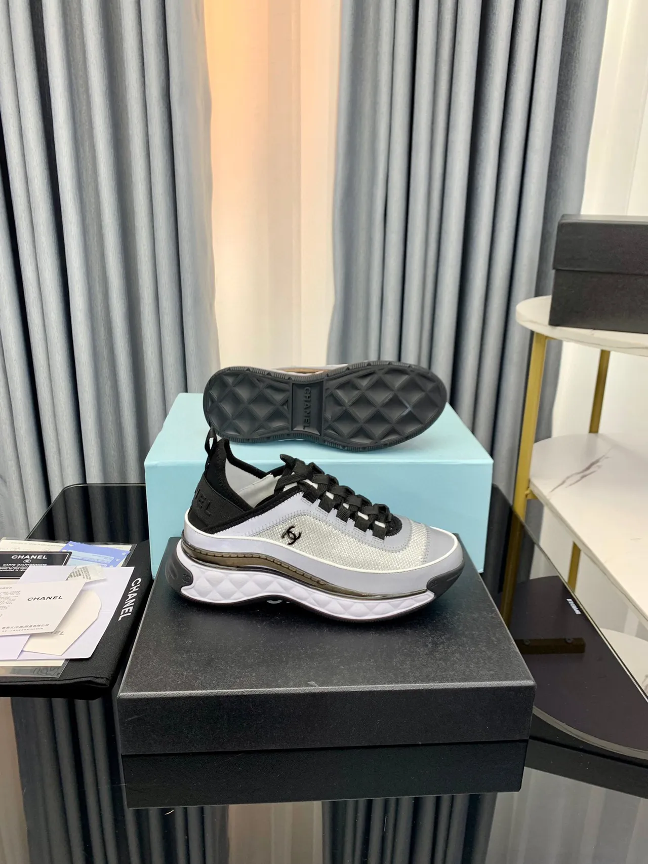 Chanel Gray Black Mesh Upper Quilted Midsole Chunky Sneakers 3