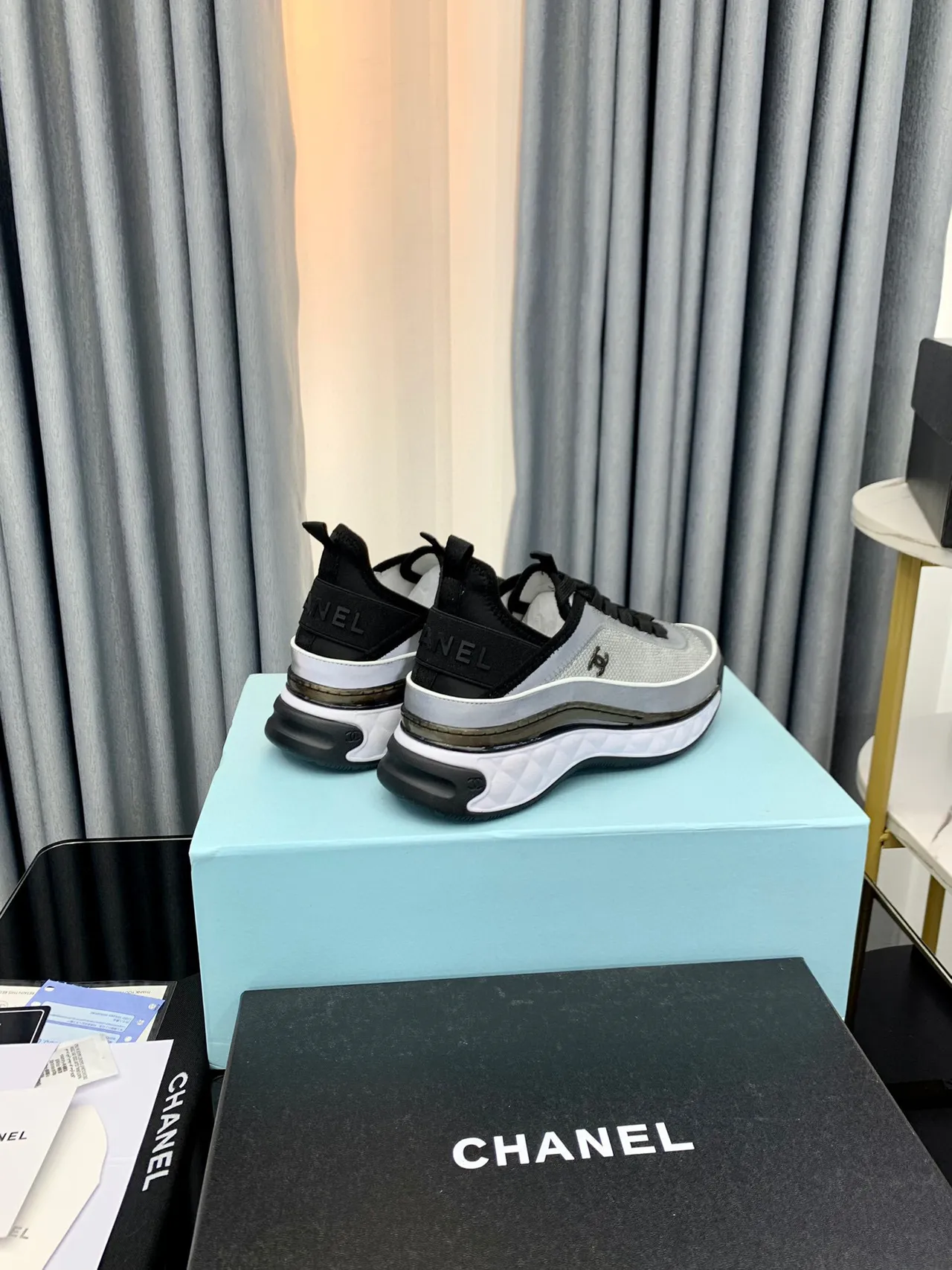 Chanel Gray Black Mesh Upper Quilted Midsole Chunky Sneakers 7