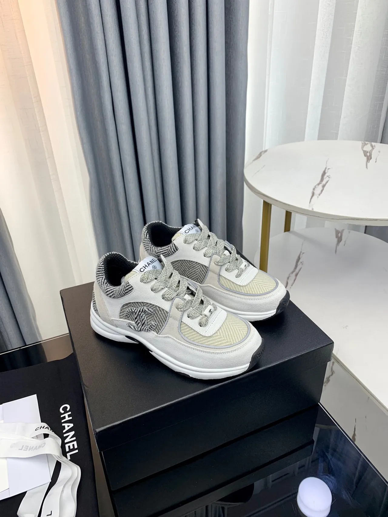 Chanel Gray White Layered Mixed-Material Upper Herringbone Textile Panels Chunky Sneakers 2