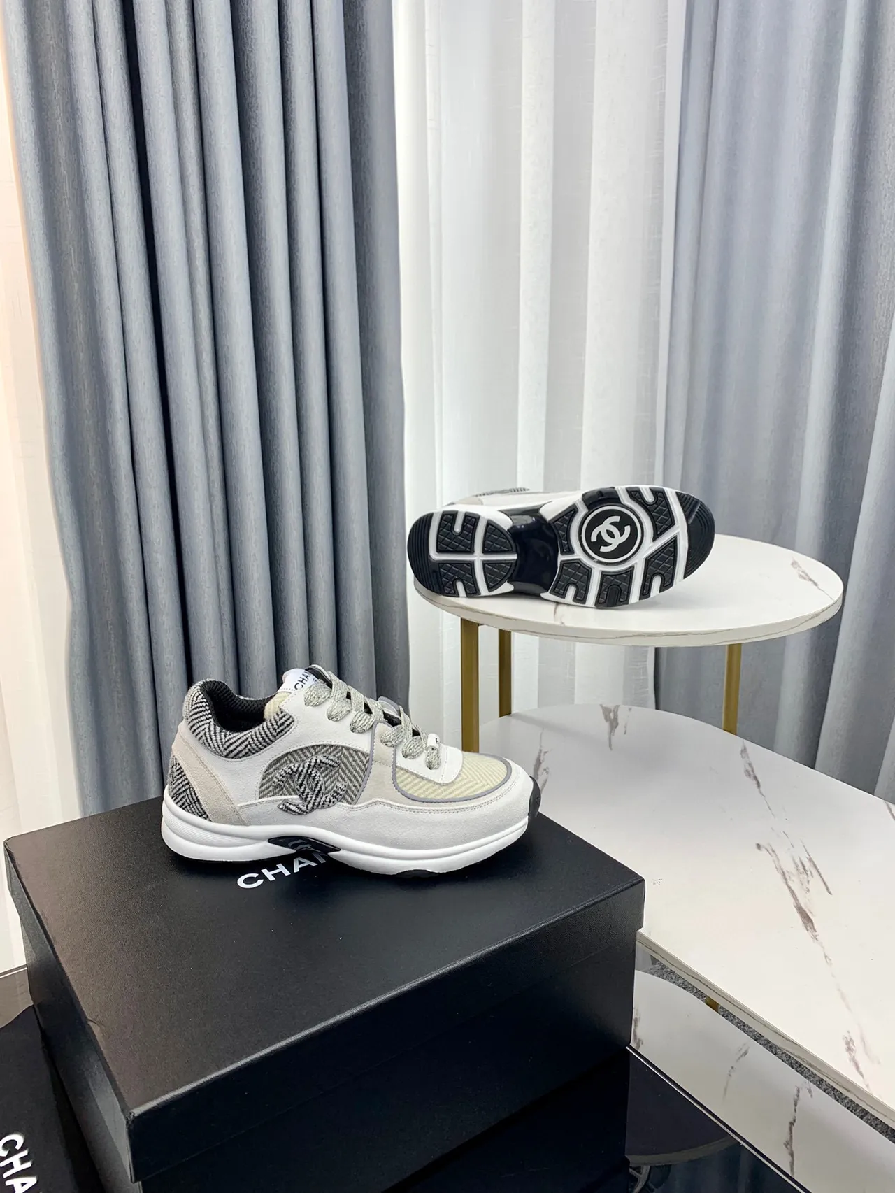 Chanel Gray White Layered Mixed-Material Upper Herringbone Textile Panels Chunky Sneakers 3