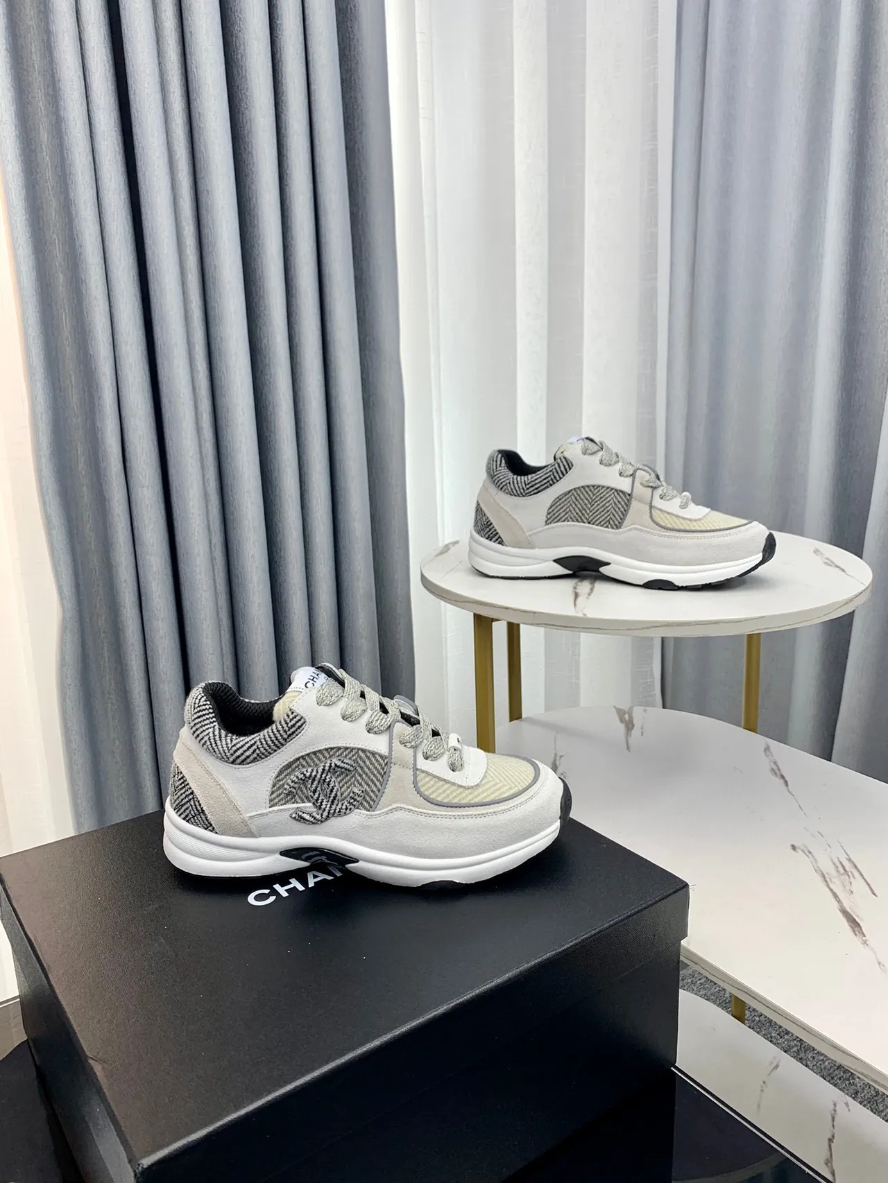 Chanel Gray White Layered Mixed-Material Upper Herringbone Textile Panels Chunky Sneakers 4