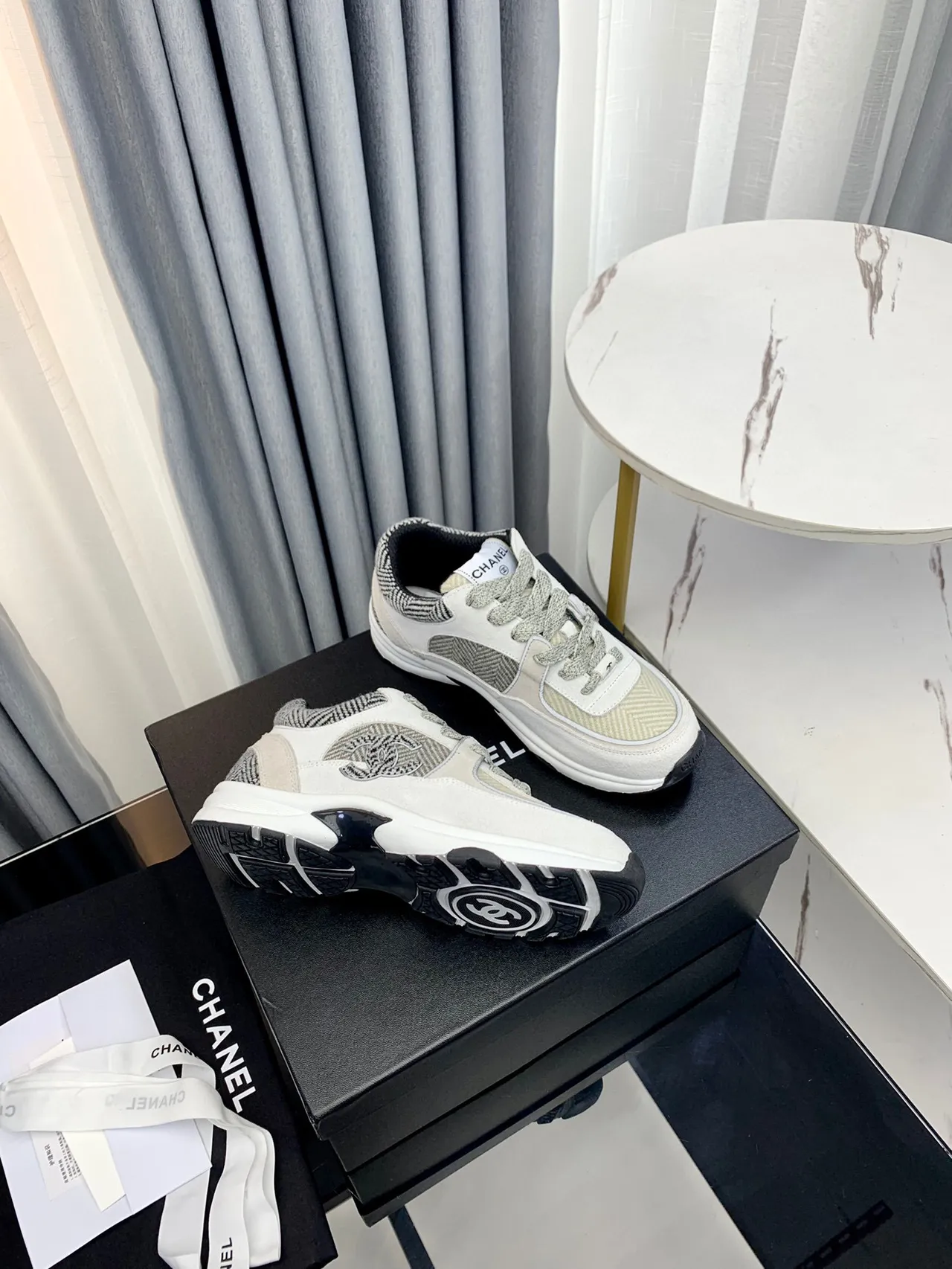 Chanel Gray White Layered Mixed-Material Upper Herringbone Textile Panels Chunky Sneakers 5