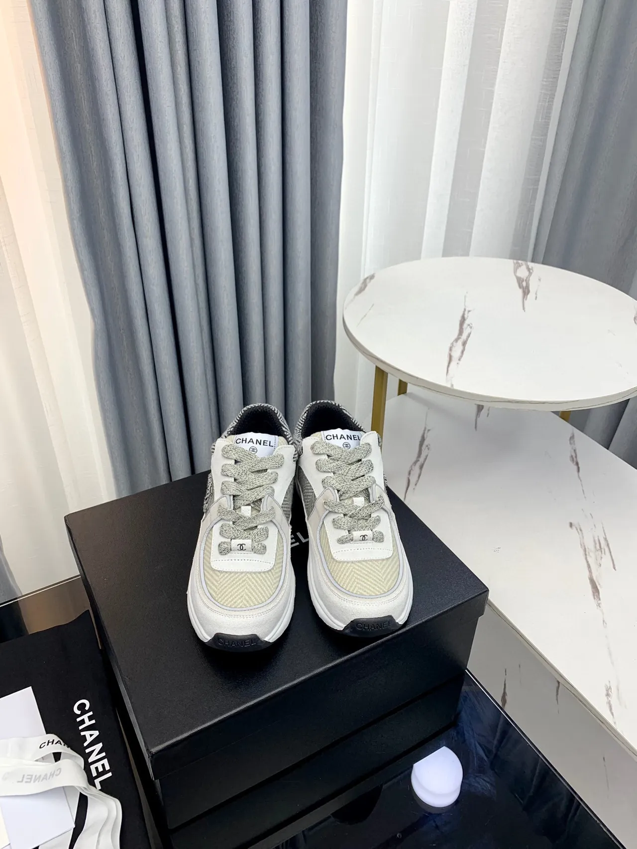Chanel Gray White Layered Mixed-Material Upper Herringbone Textile Panels Chunky Sneakers 6