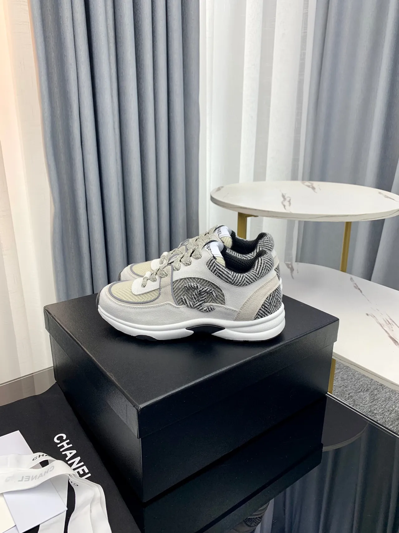 Chanel Gray White Layered Mixed-Material Upper Herringbone Textile Panels Chunky Sneakers 7