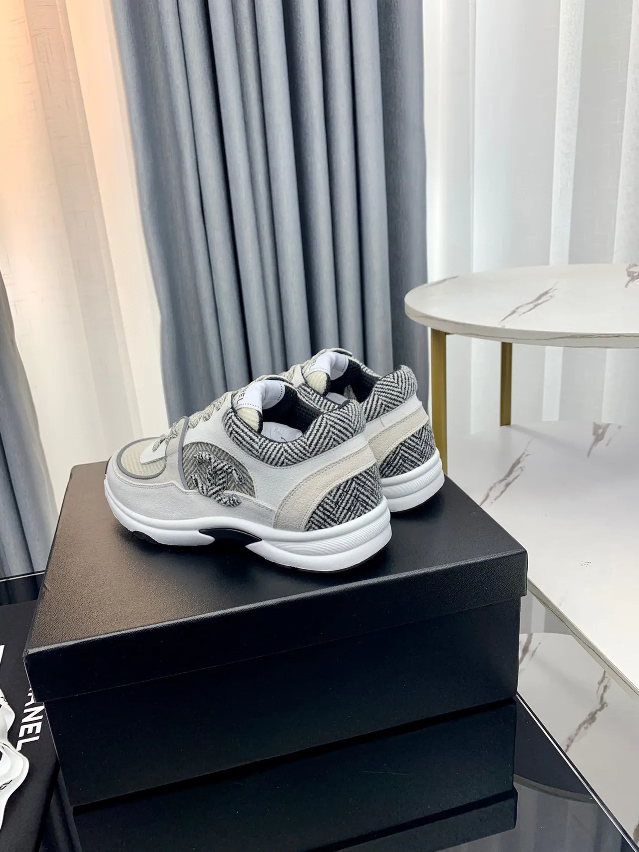 Chanel Gray White Layered Mixed-Material Upper Herringbone Textile Panels Chunky Sneakers 8