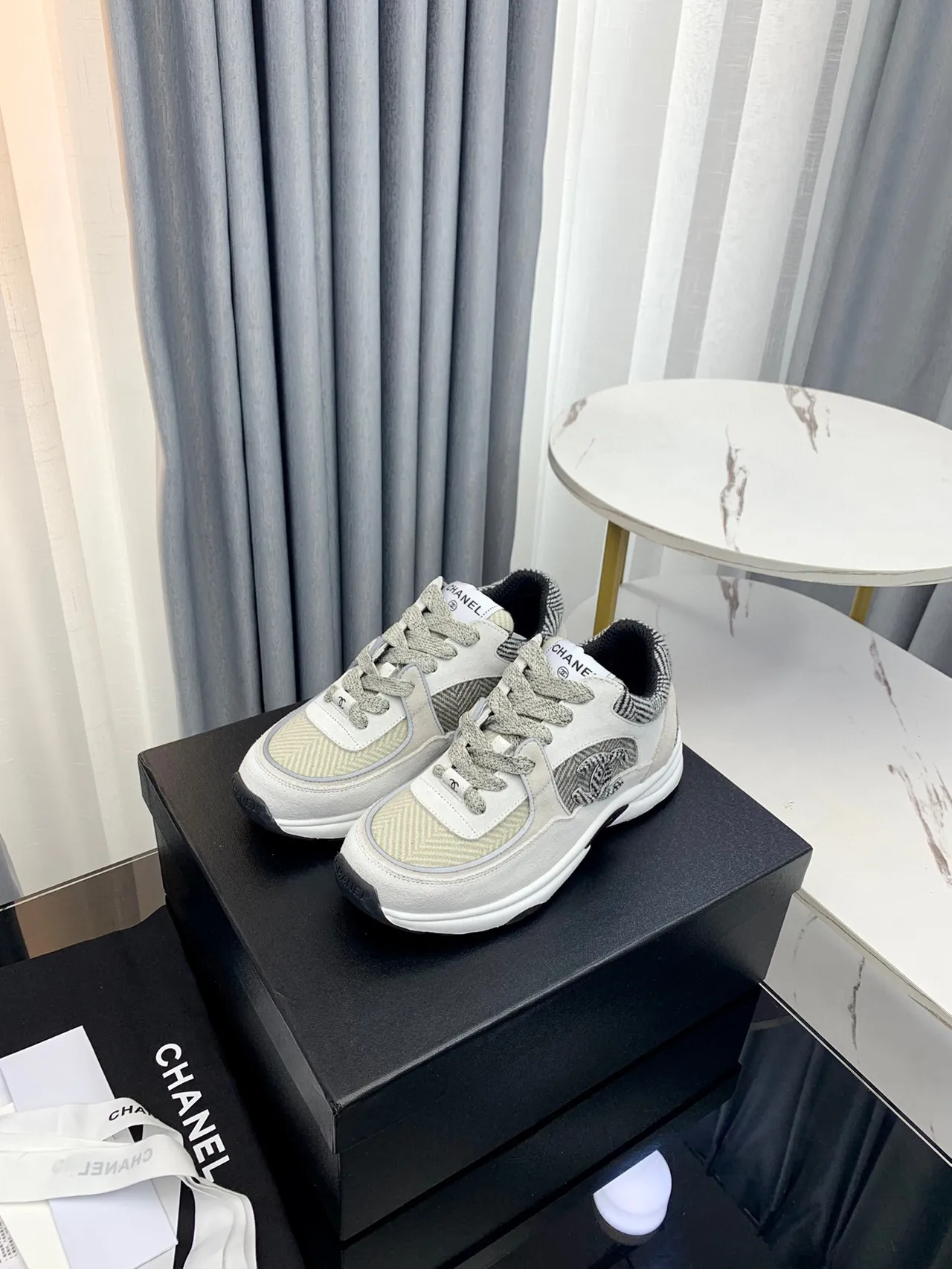 Chanel Gray White Layered Mixed-Material Upper Herringbone Textile Panels Chunky Sneakers 9