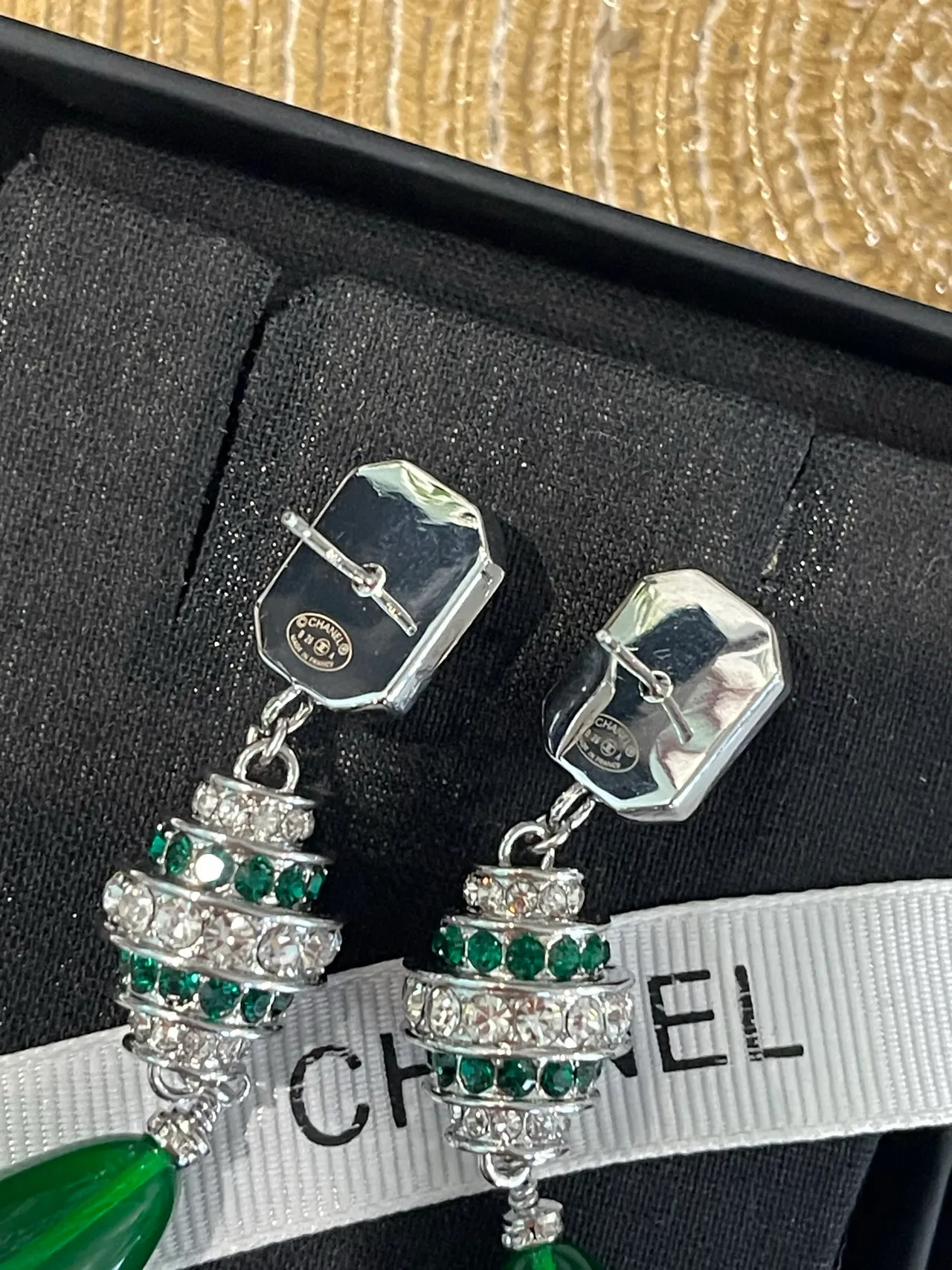 Chanel Green Silver Teardrop Pendant CC Logo Top Cap Earrings 2