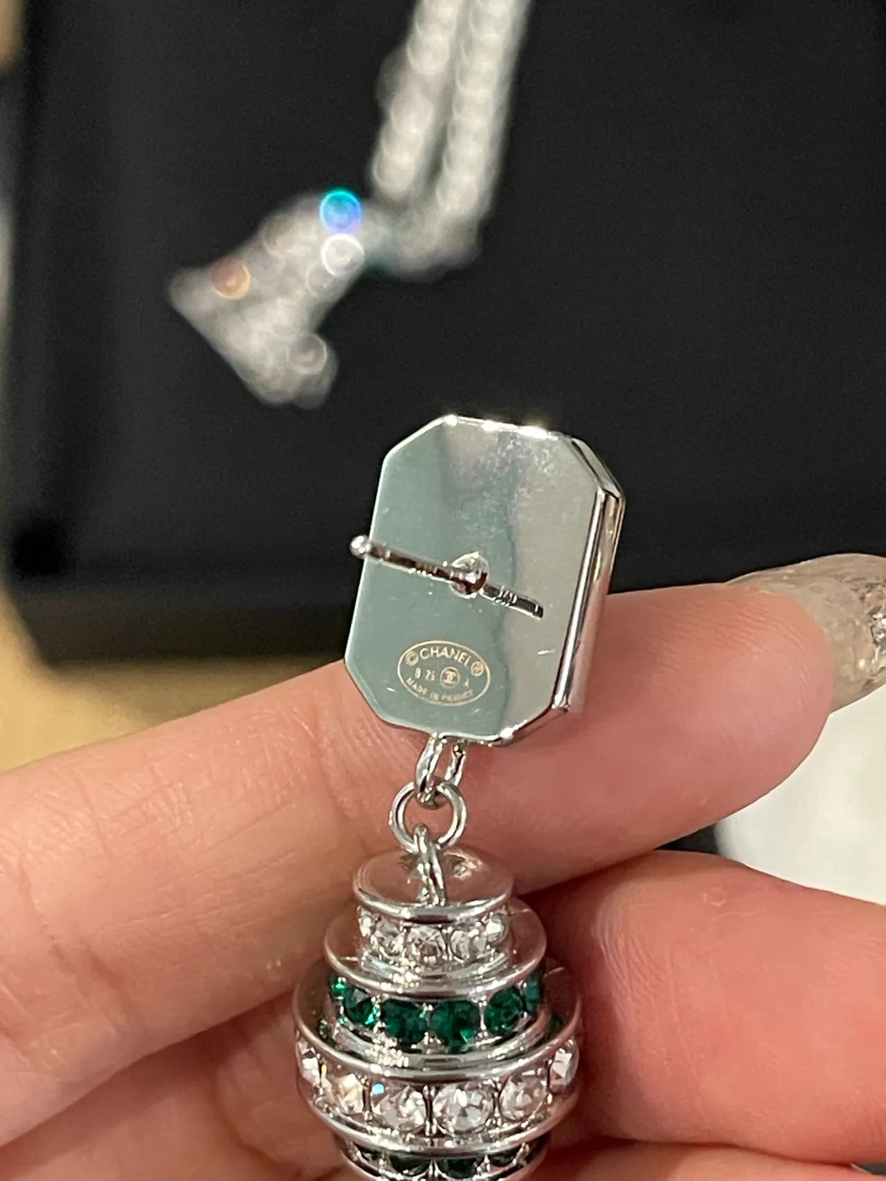 Chanel Green Silver Teardrop Pendant CC Logo Top Cap Earrings 3