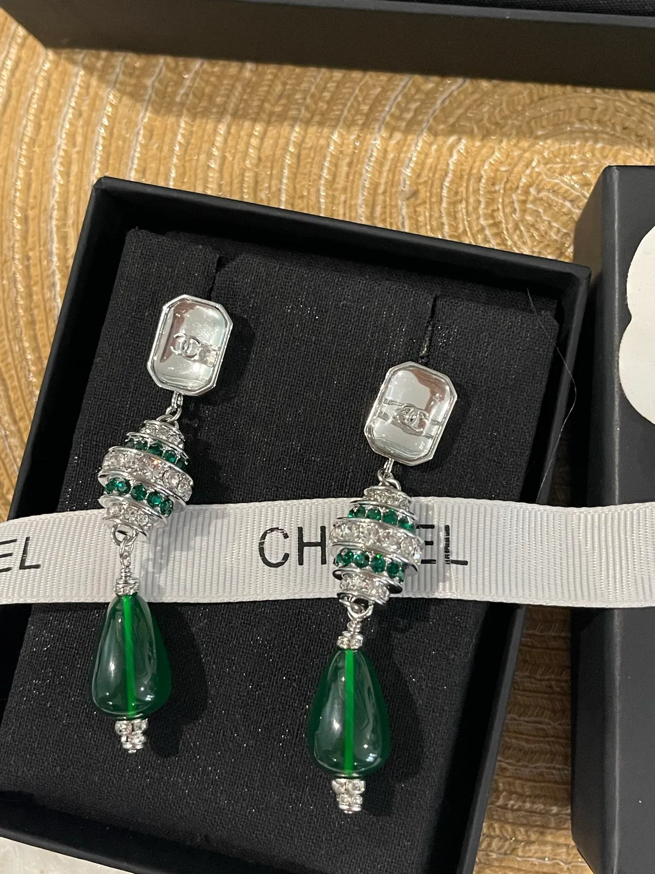 Chanel Green Silver Teardrop Pendant CC Logo Top Cap Earrings 5