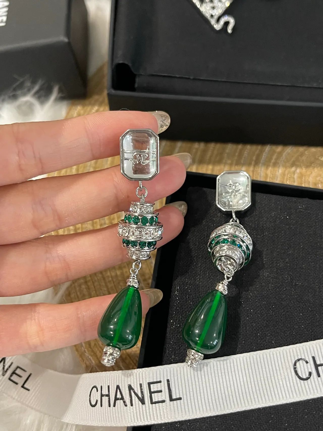 Chanel Green Silver Teardrop Pendant CC Logo Top Cap Earrings 6