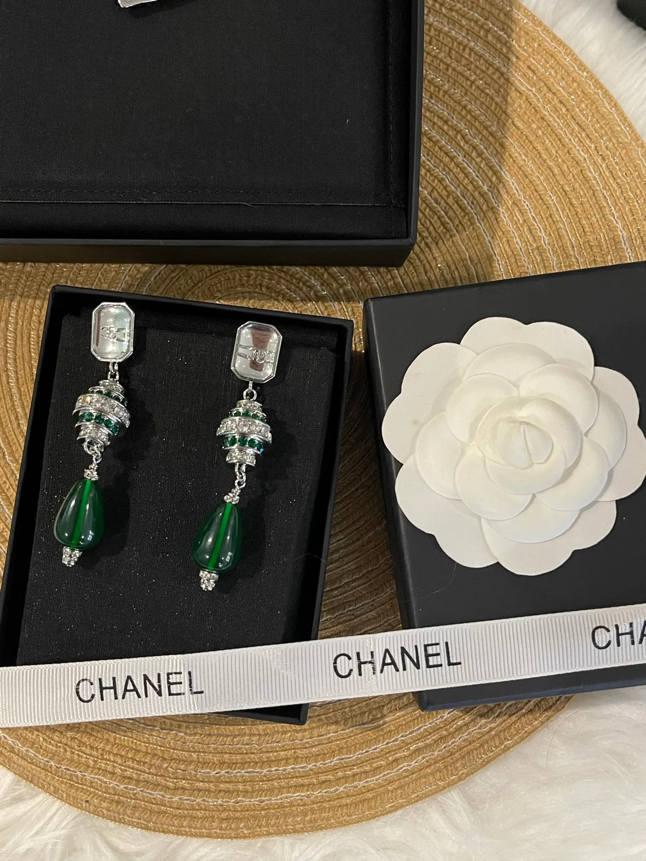 Chanel Green Silver Teardrop Pendant CC Logo Top Cap Earrings 8