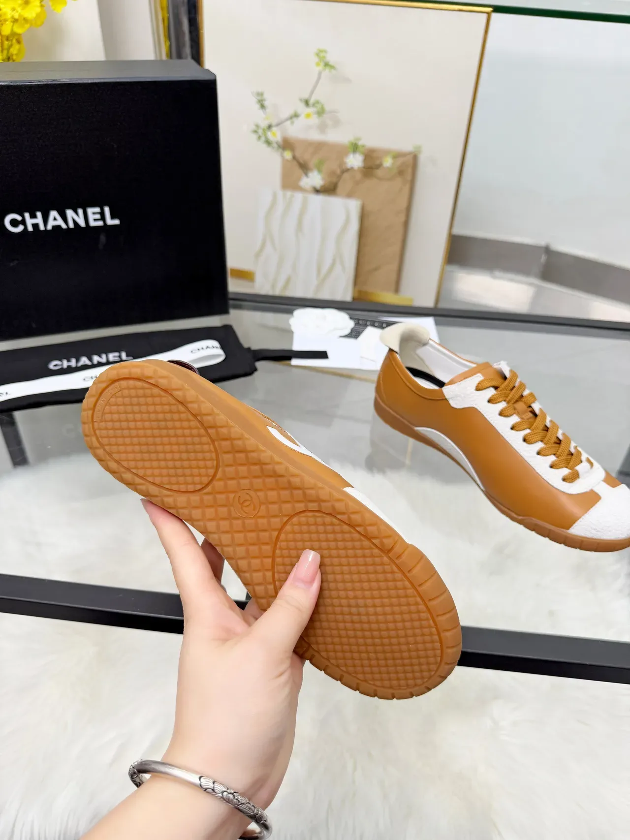 Chanel Logo-Accented Tan and White Lifestyle Sneakers 3
