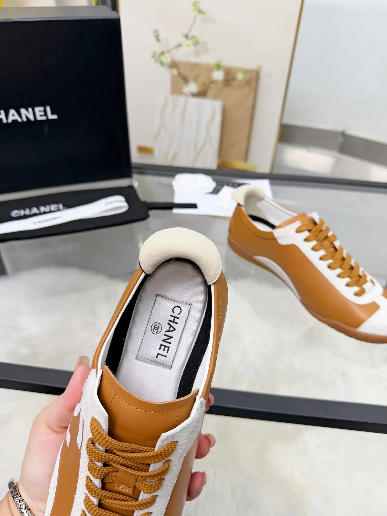 Chanel Logo-Accented Tan and White Lifestyle Sneakers 4