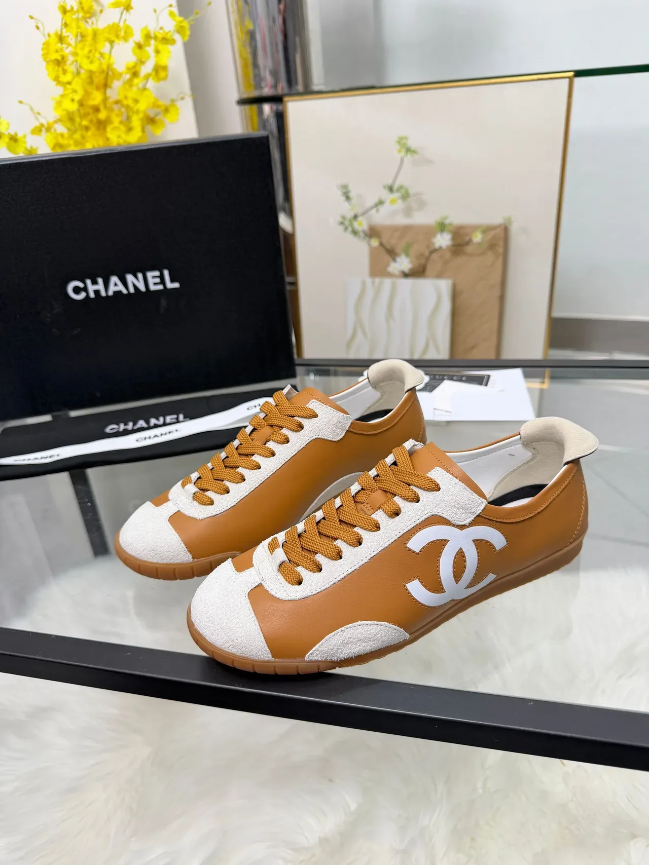 Chanel Logo-Accented Tan and White Lifestyle Sneakers 5