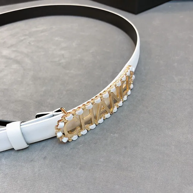 Chanel Logo Belt White Gold Thin Buckle Leather Belt 3