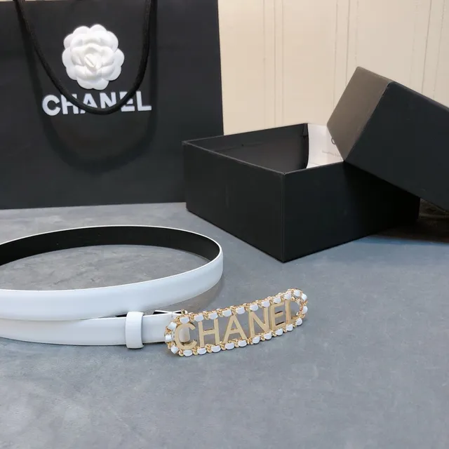 Chanel Logo Belt White Gold Thin Buckle Leather Belt 4