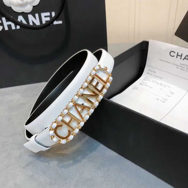 Chanel Logo Belt White Gold Thin Buckle Leather Belt 5