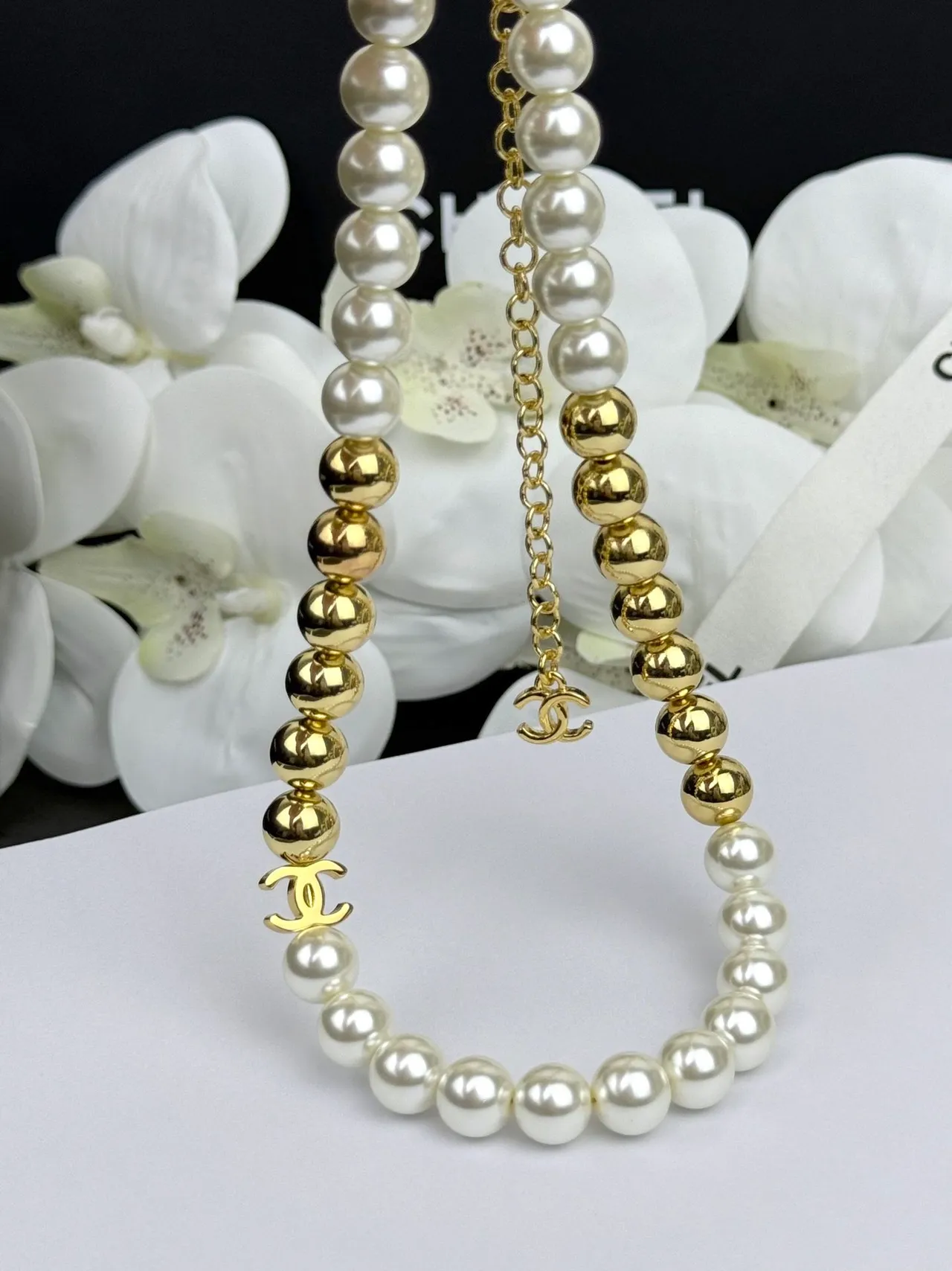Chanel Pearl and Gold-Tone Bead Strand Necklace 4