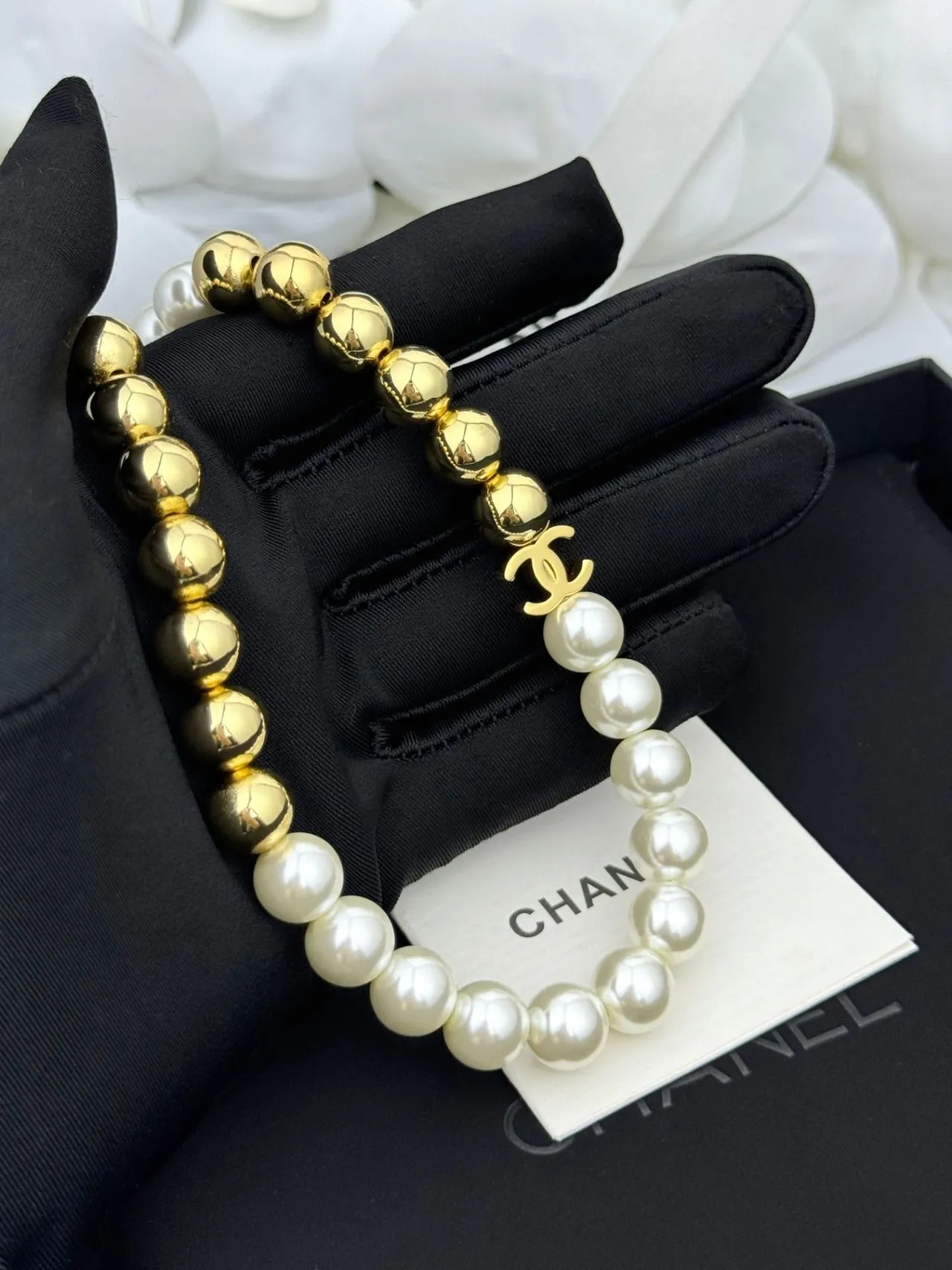 Chanel Pearl and Gold-Tone Bead Strand Necklace 5