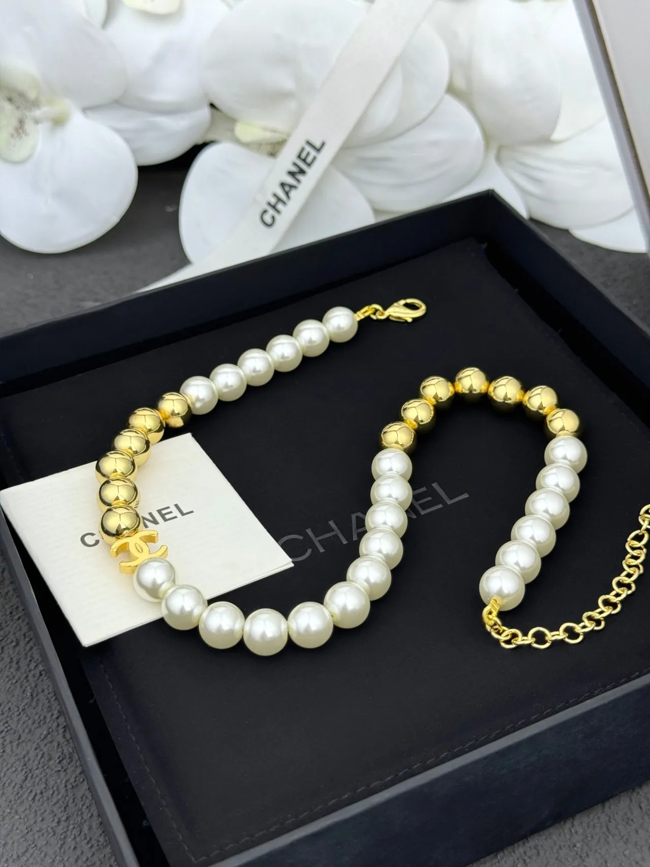 Chanel Pearl and Gold-Tone Bead Strand Necklace 6