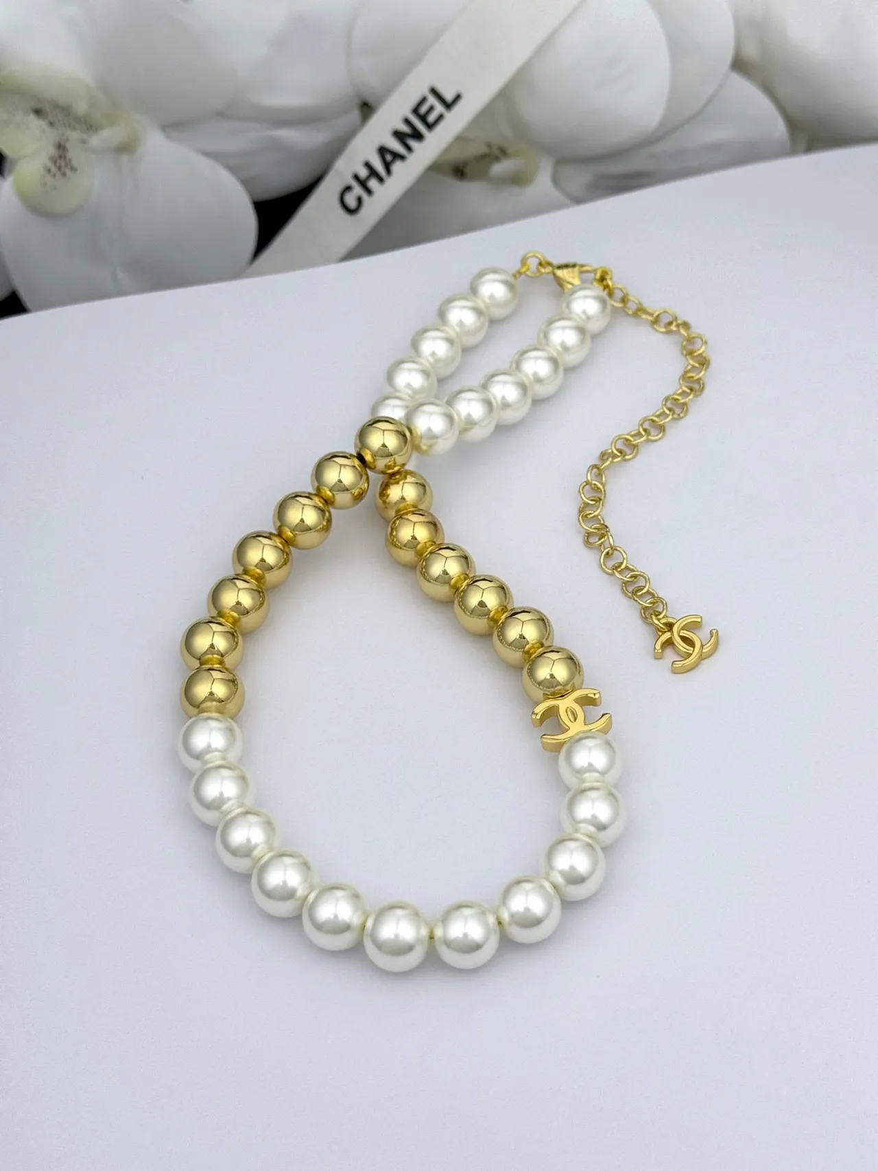 Chanel Pearl and Gold-Tone Bead Strand Necklace 7