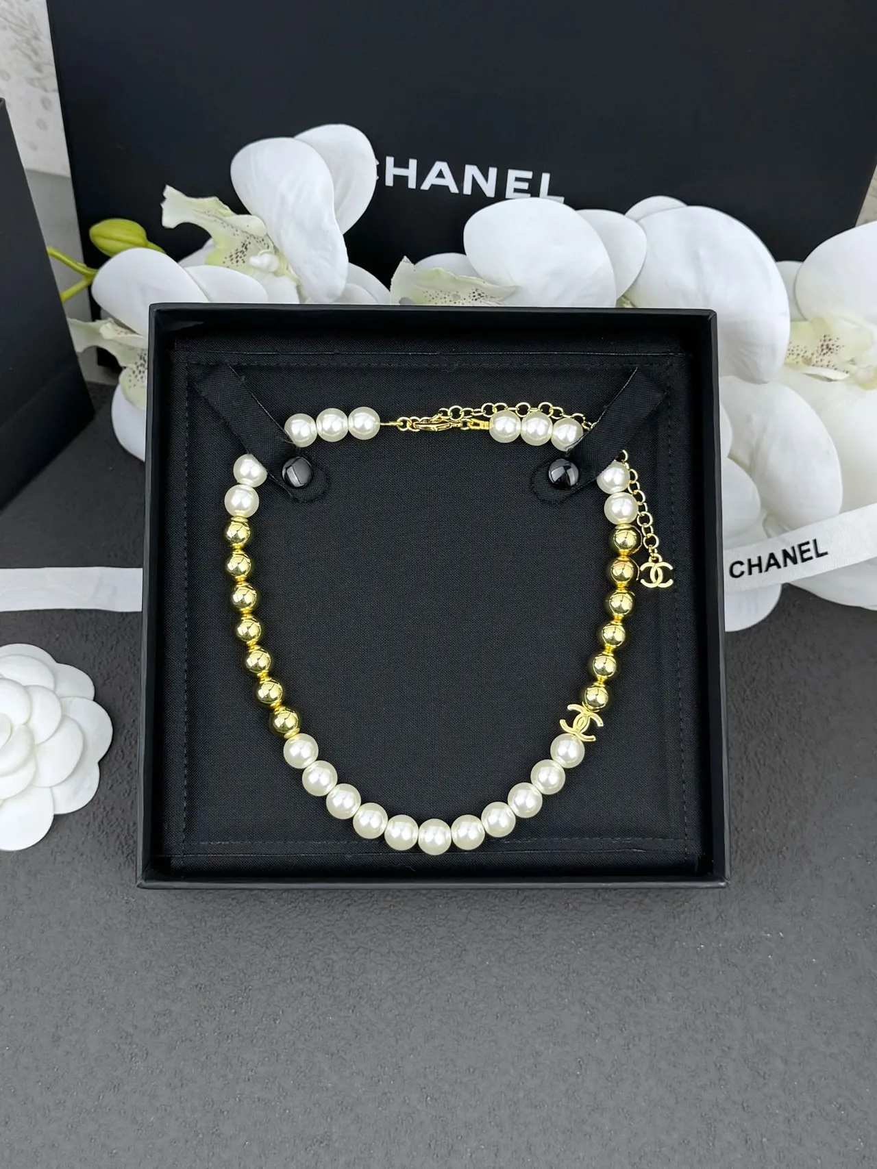 Chanel Pearl and Gold-Tone Bead Strand Necklace 9