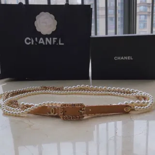 Chanel Pearl Belt Beige Gold Chain-Link Leather Belt