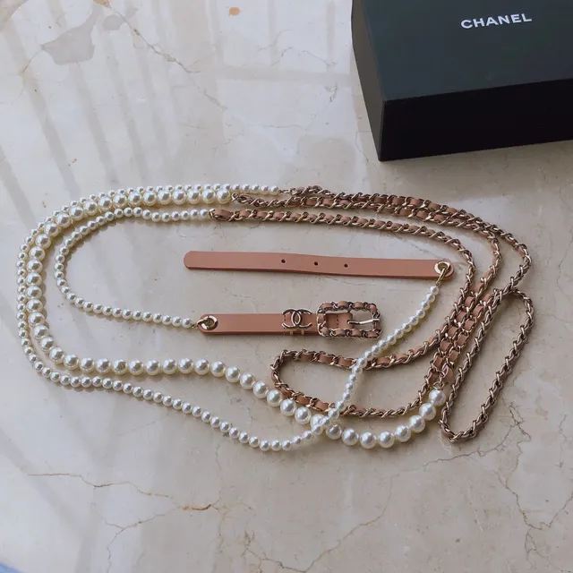Chanel Pearl Belt Beige Gold Chain-Link Leather Belt 2