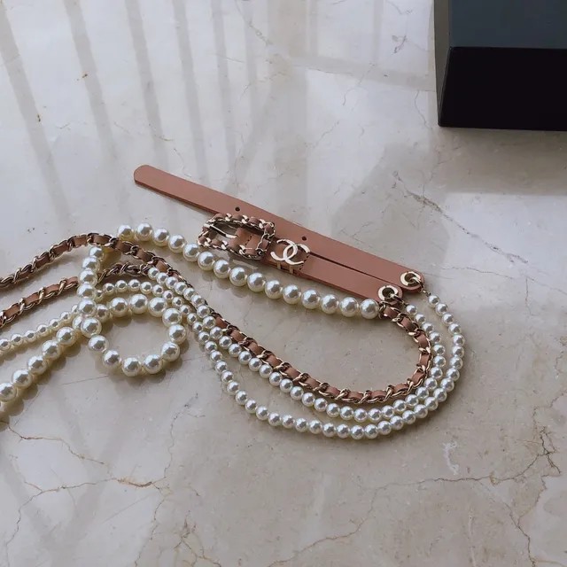 Chanel Pearl Belt Beige Gold Chain-Link Leather Belt 4