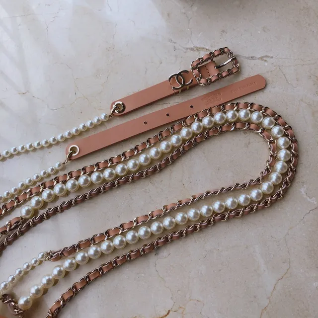 Chanel Pearl Belt Beige Gold Chain-Link Leather Belt 5