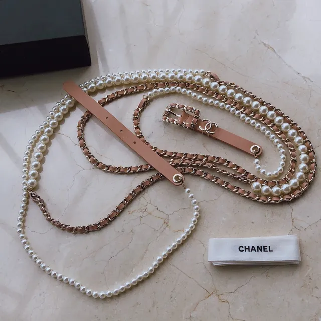Chanel Pearl Belt Beige Gold Chain-Link Leather Belt 6